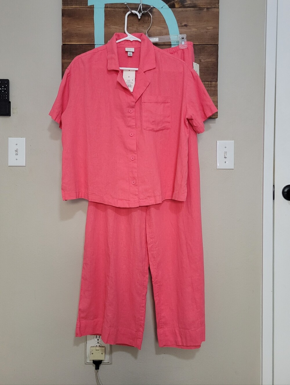 Coastal Coral Pink Two-Piece Button-Front Short Sleeve Top Wide Leg Pants Set